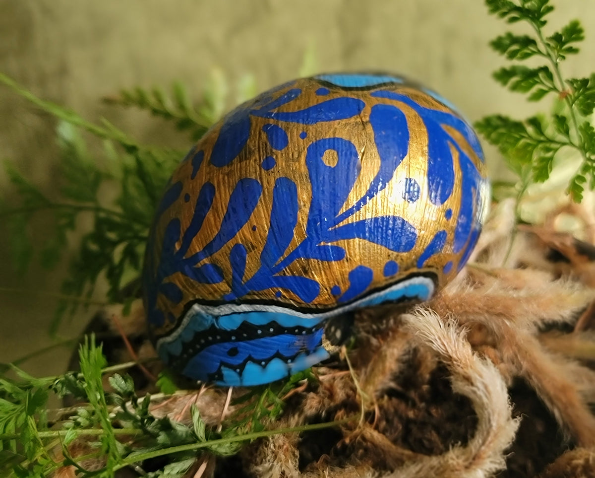Hand-painted Apple Snail Shell "Blue & Gold"